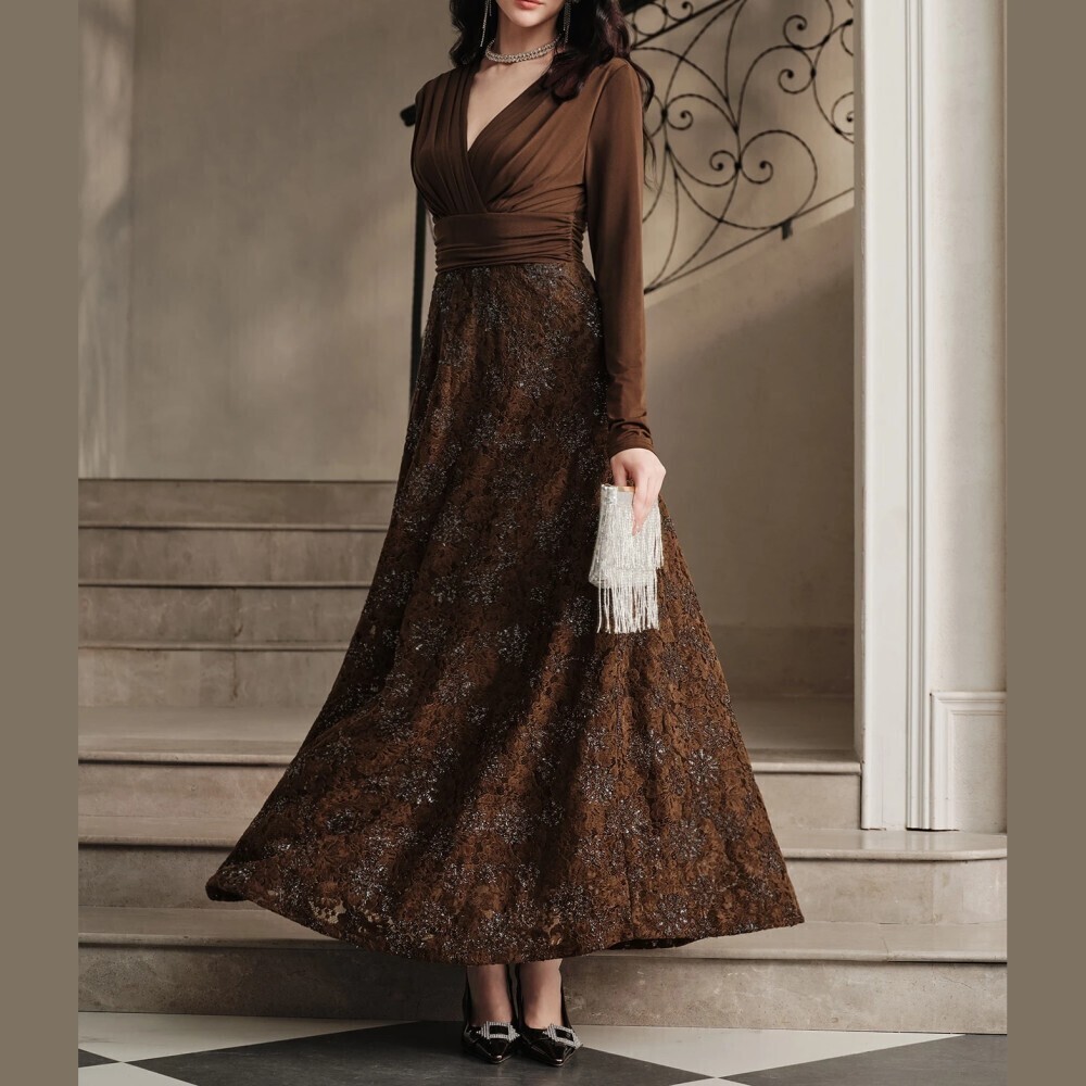 Brown Ruched V Neck Long Sleeve Lace Skirt A-Line Maxi Dress